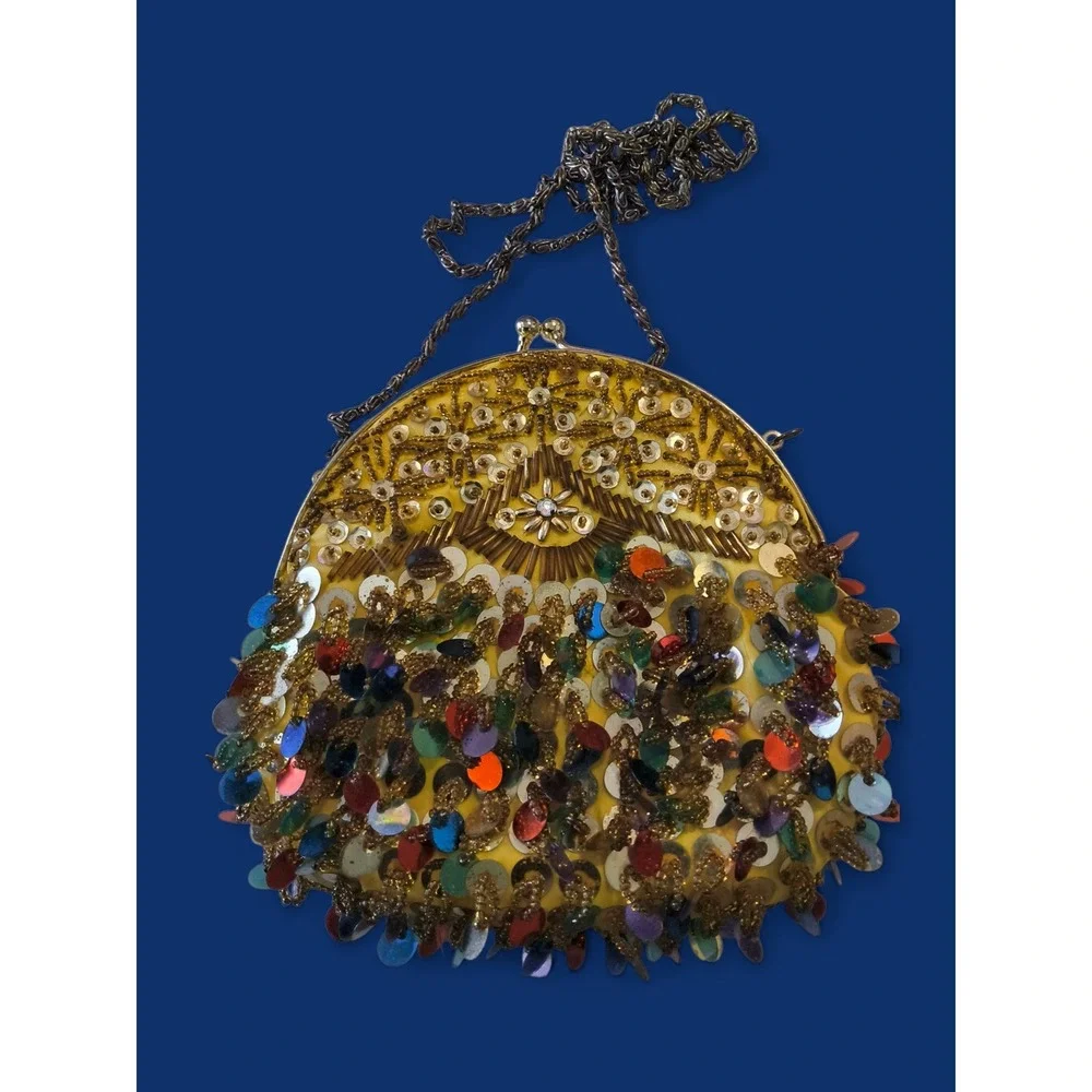 Vintage Beaded Sequin Evening Bag Gold Fringe Kiss Lock Boho Glam - Picture 2 of 10